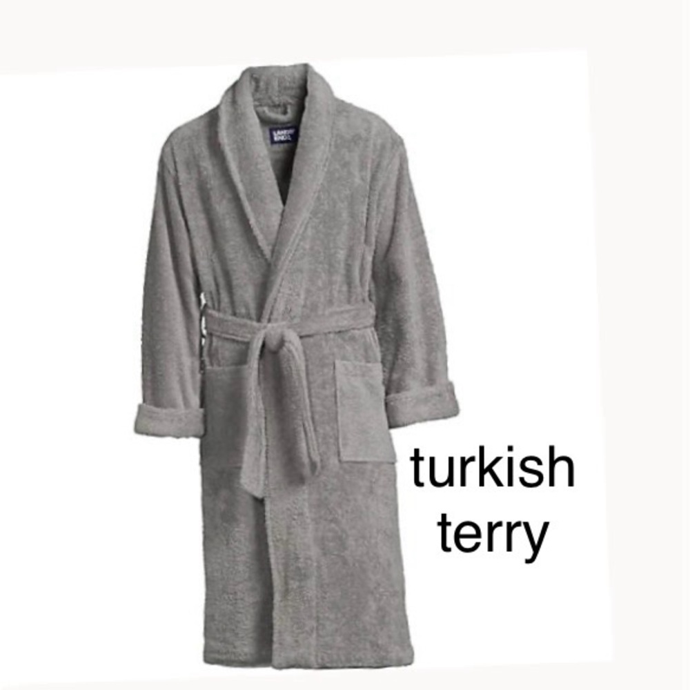 🔥🎄🎅LANDSEND Big Men's Calf Length Turkish Terry Robe 100% Cotton Gray - Picture 2 of 2